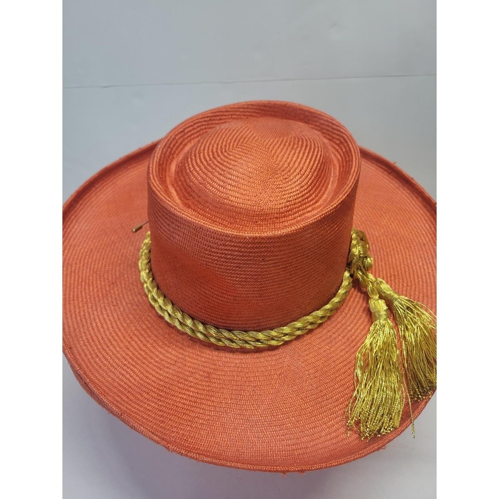 Adolfo II Vintage Wide Brim‎ Straw Hat Burnt Orange Gold Rope Tassel Pearl Pin - Picture 15 of 16